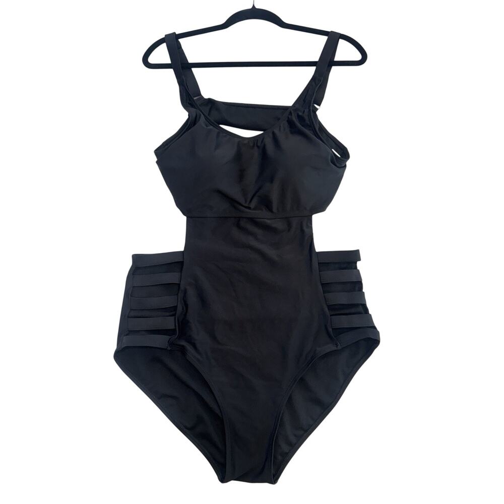 Women’s Black One Piece Swimsuit XL Side Cutout Strappy Hip Adjustable Straps